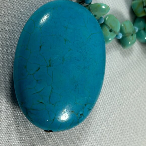 Faux Turquoise 4 Tier Oval Pendant Necklace Chippy Statement Silver Tone 16-19" - Picture 5 of 12